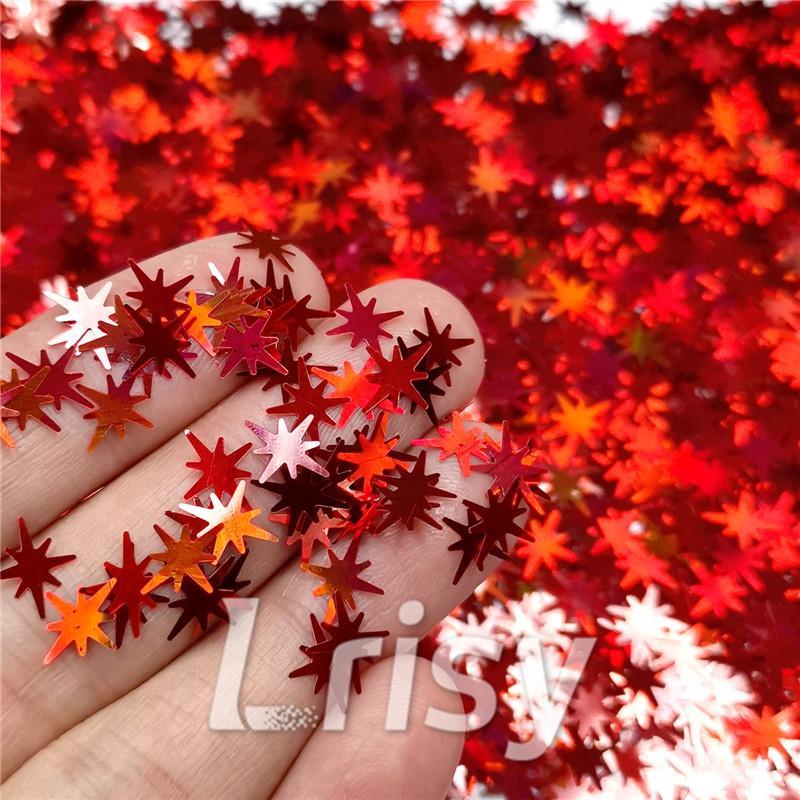 9mm Eight Pointed Star Shapes Laser Red Glitter LB0300