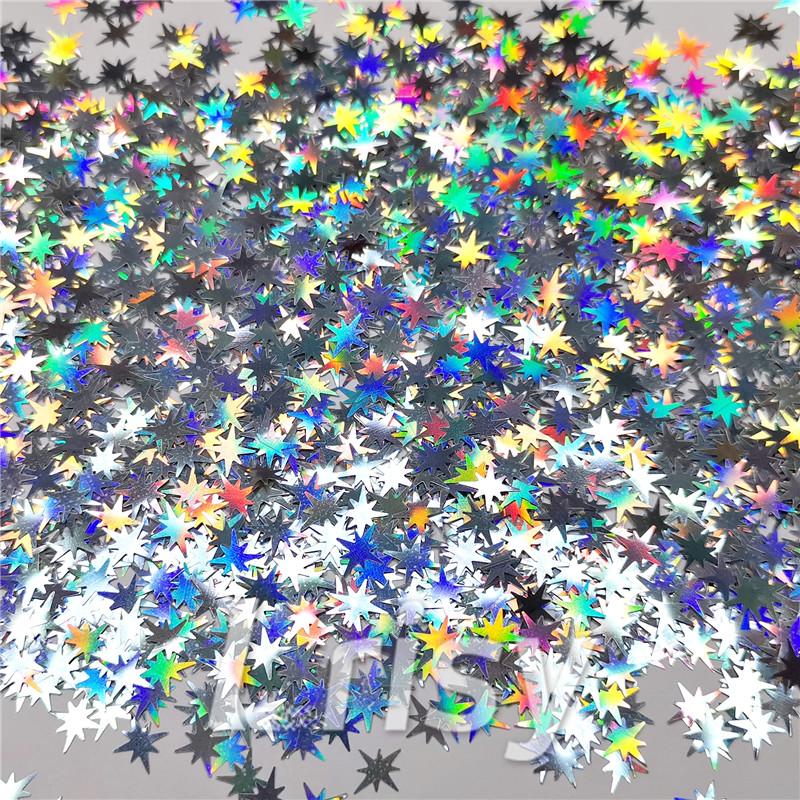 9mm Eight Pointed Star Shapes Laser Silver Glitter LB0100