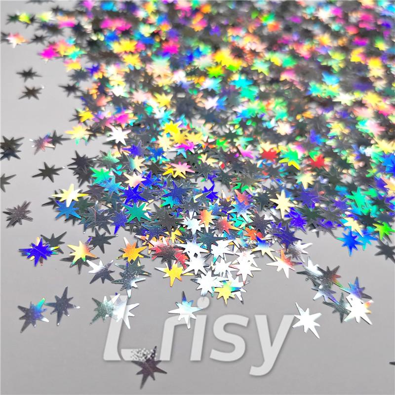 9mm Eight Pointed Star Shapes Laser Silver Glitter LB0100