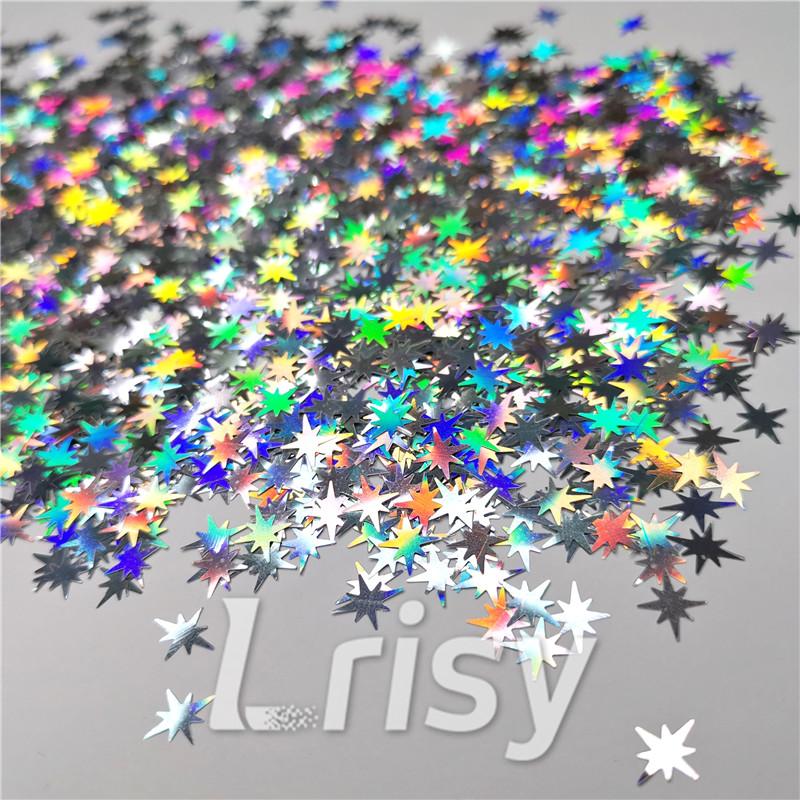 9mm Eight Pointed Star Shapes Laser Silver Glitter LB0100