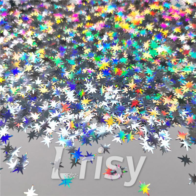 9mm Eight Pointed Star Shapes Laser Silver Glitter LB0100