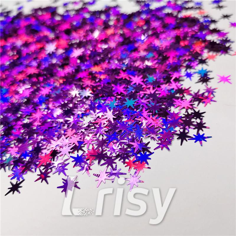 9mm Eight Pointed Star Shapes Laser Purple Glitter LB0800