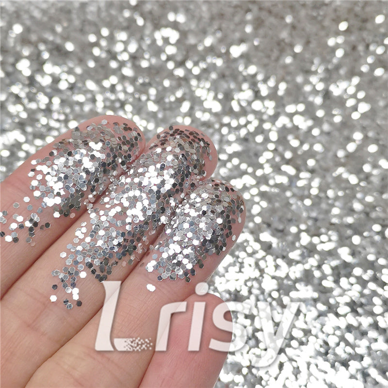 1mm Hexagon Shapes Silver Chunky Glitter B0100