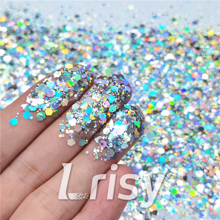 General Mixed Holographic Silver Glitter Hexagon Shaped LB0100