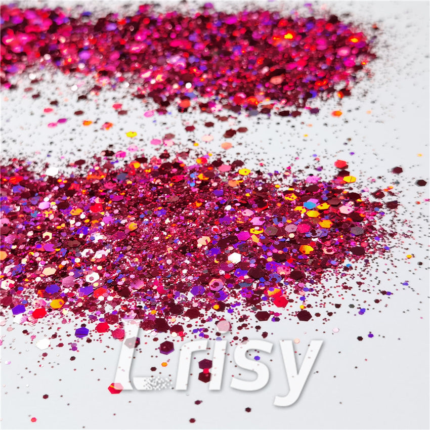 General Mixed Holographic Rose Red Glitter Hexagon Shaped LB0912