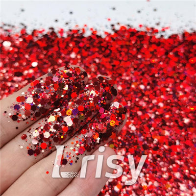 General Mixed Holographic Red Glitter Hexagon Shaped LB0300
