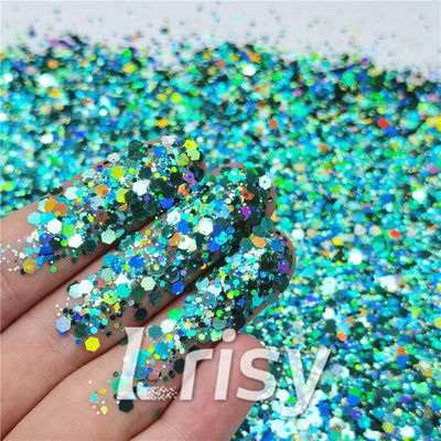 General Mixed Holographic Teal Green Glitter Hexagon Shaped LB0702