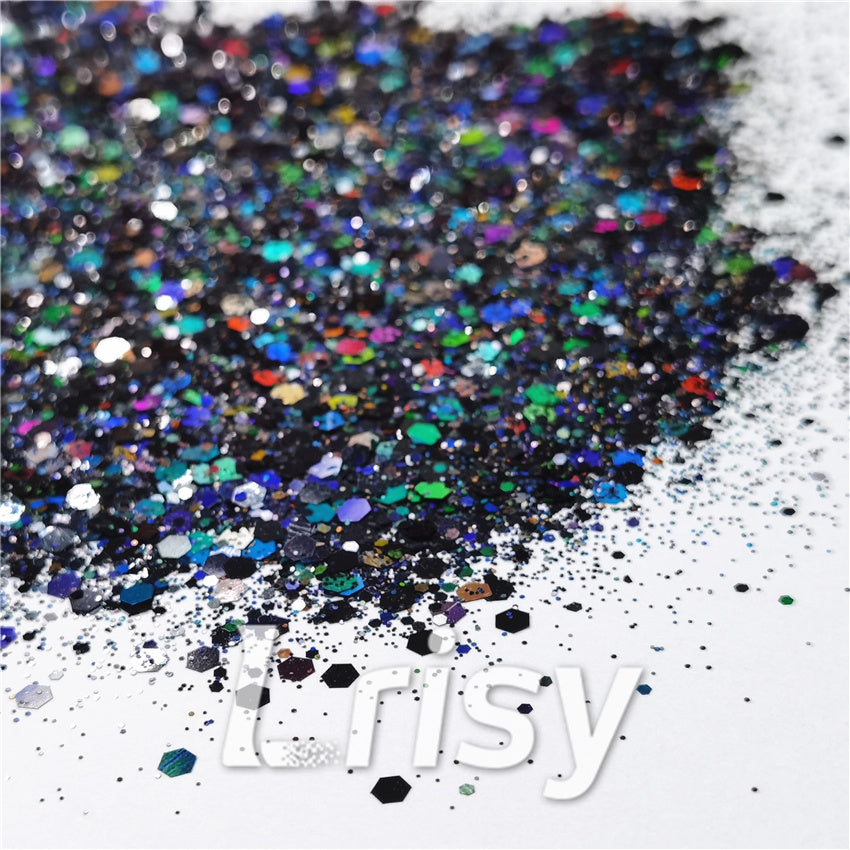 General Mixed Holographic Black Glitter Hexagon Shaped LB01000