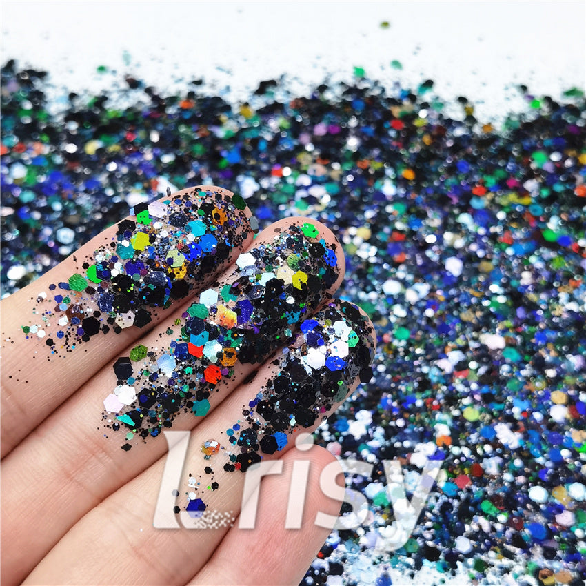 General Mixed Holographic Black Glitter Hexagon Shaped LB01000