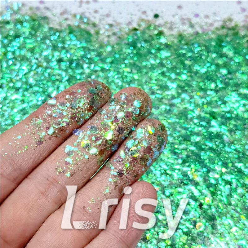 General Mixed Iridescent Translucent Green Glitter C013