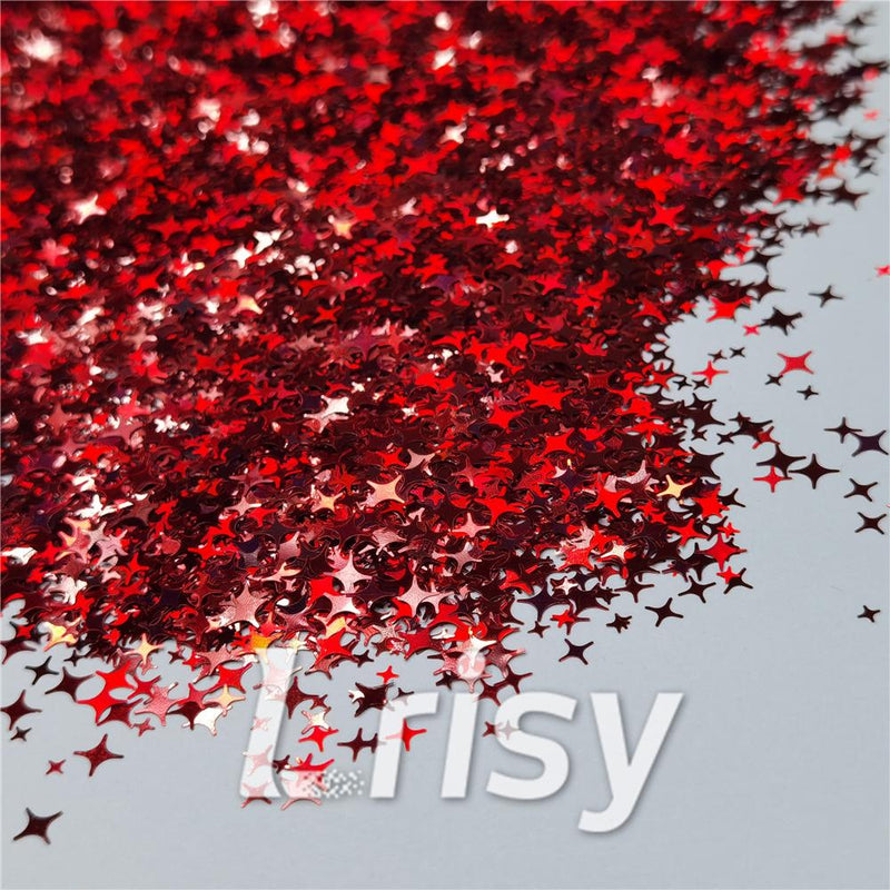3/4/5mm Mixed Four Pointed Star Shapes Laser Red Glitter LB0300