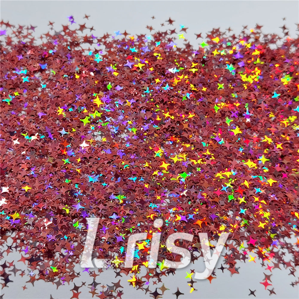 3/4/5mm Mixed Four Pointed Star Shapes Laser Hazy Pink Glitter LB0911