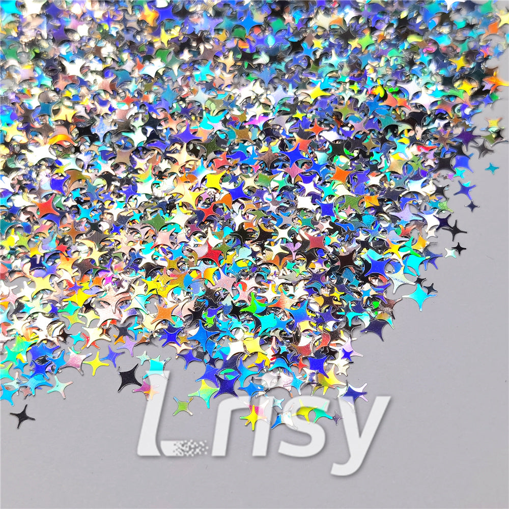 3/4/5mm Mixed Four Pointed Star Shapes Laser Silver Glitter LB0100