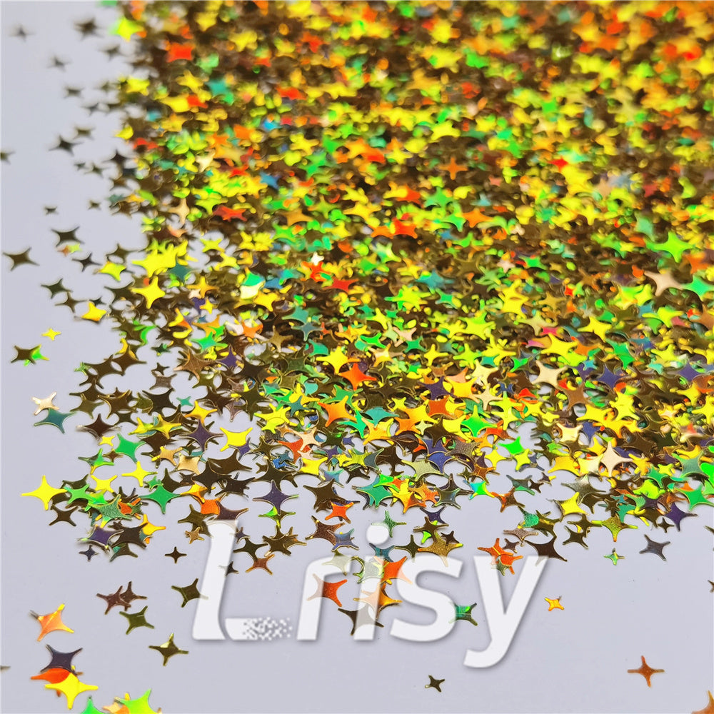 3/4/5mm Mixed Four Pointed Star Shapes Laser Gold Glitter LB0210
