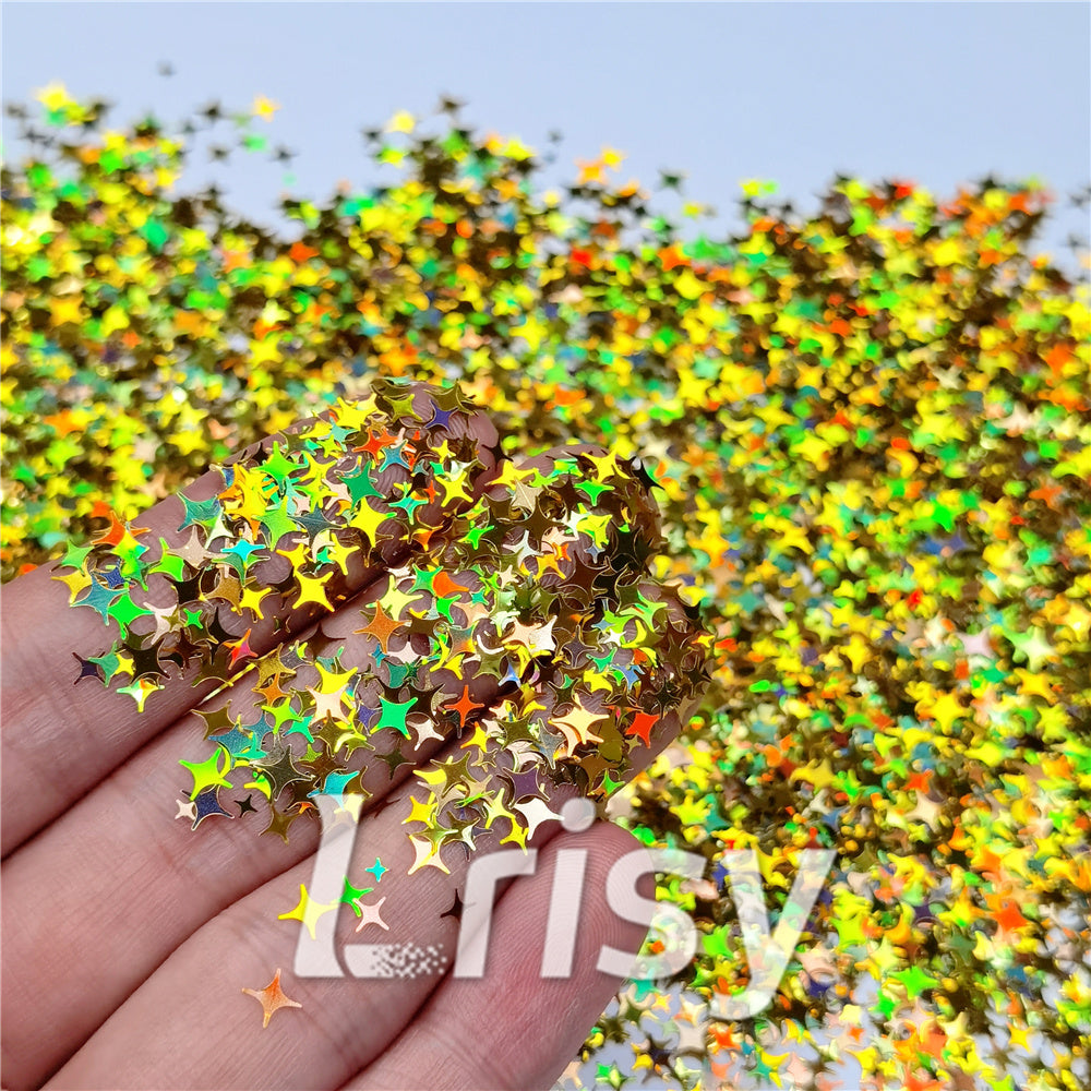 3/4/5mm Mixed Four Pointed Star Shapes Laser Gold Glitter LB0210
