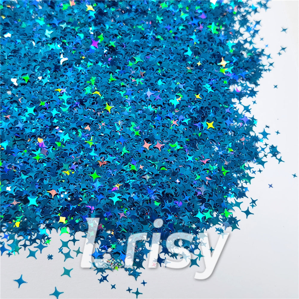 3/4/5mm Mixed Four Pointed Star Shapes Laser Sky Blue Glitter LB0700