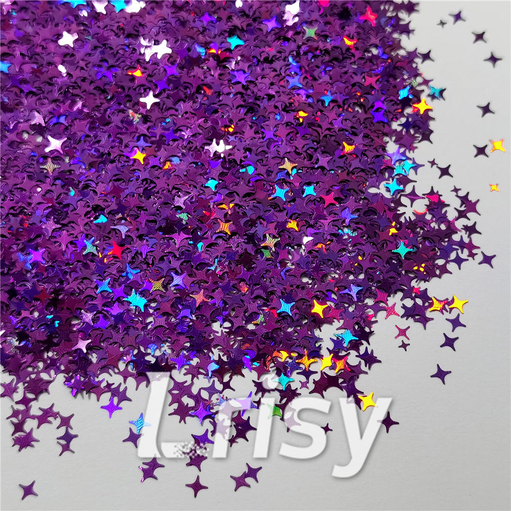 3/4/5mm Mixed Four Pointed Star Shapes Laser Purple Glitter LB0800