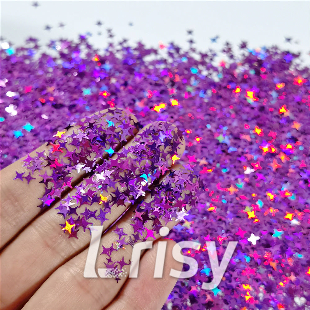 3/4/5mm Mixed Four Pointed Star Shapes Laser Purple Glitter LB0800