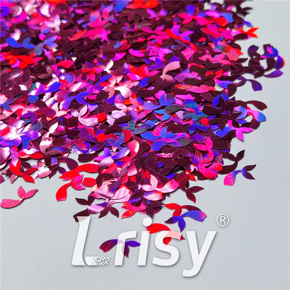 9mm Fish Tail Shaped Holographic Rose Red Glitter LB0912