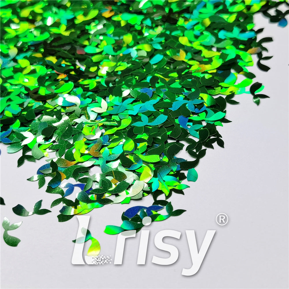 9mm Fish Tail Shaped Holographic Green Glitter LB0600