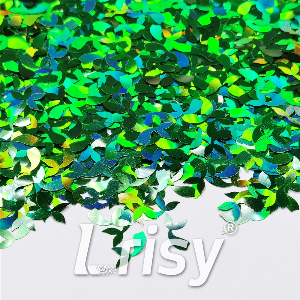 9mm Fish Tail Shaped Holographic Green Glitter LB0600