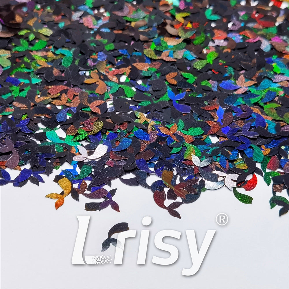 9mm Fish Tail Shaped Holographic Black Glitter LB01000
