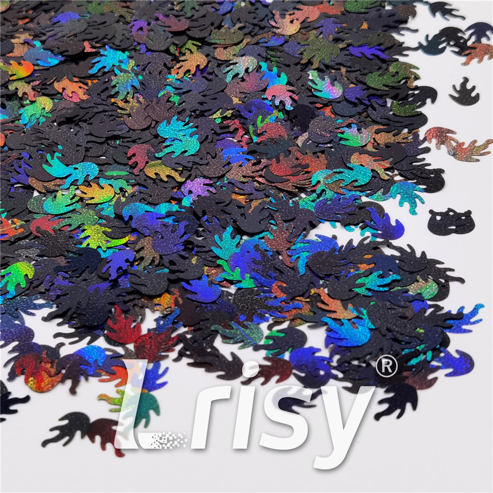 9mm Flame Or Fire Shaped Holographic Black Glitter LB01000