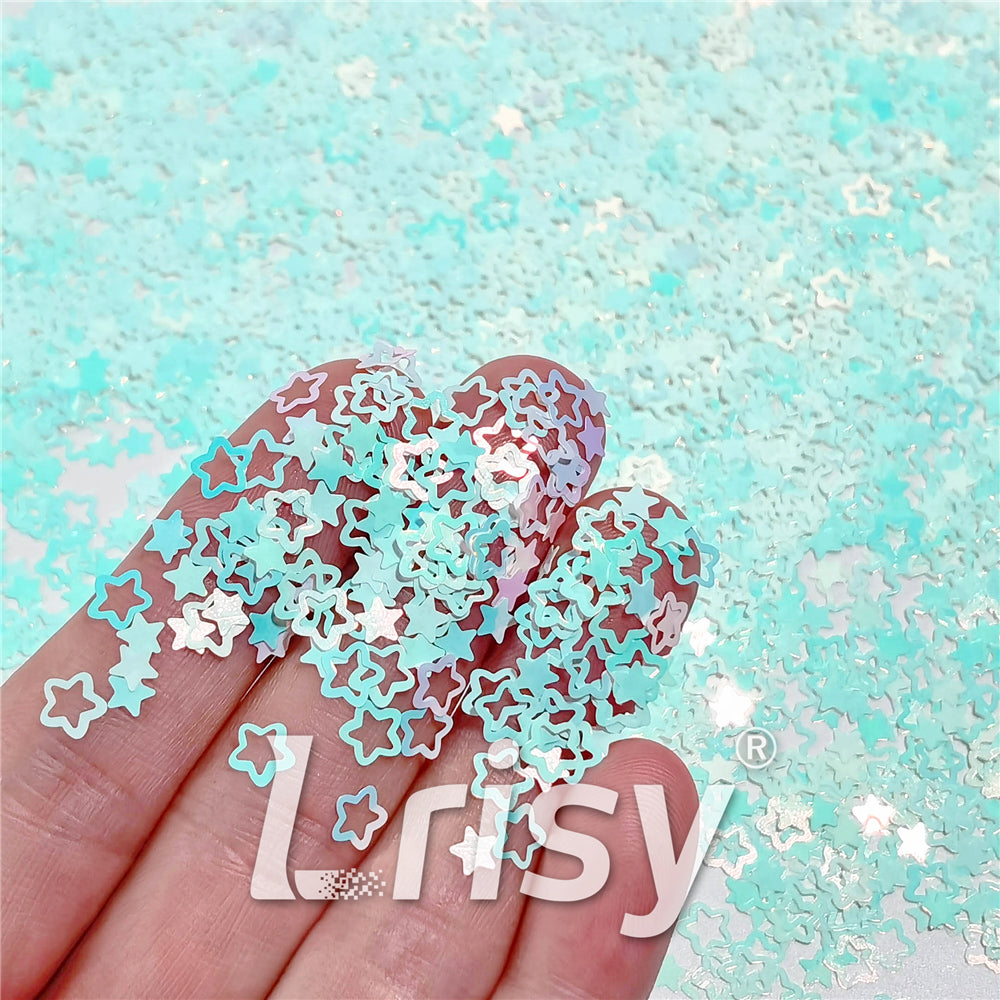 6mm Rounded Hollow Out Star Shaped Iridescent Ice Blue Glitter C021R