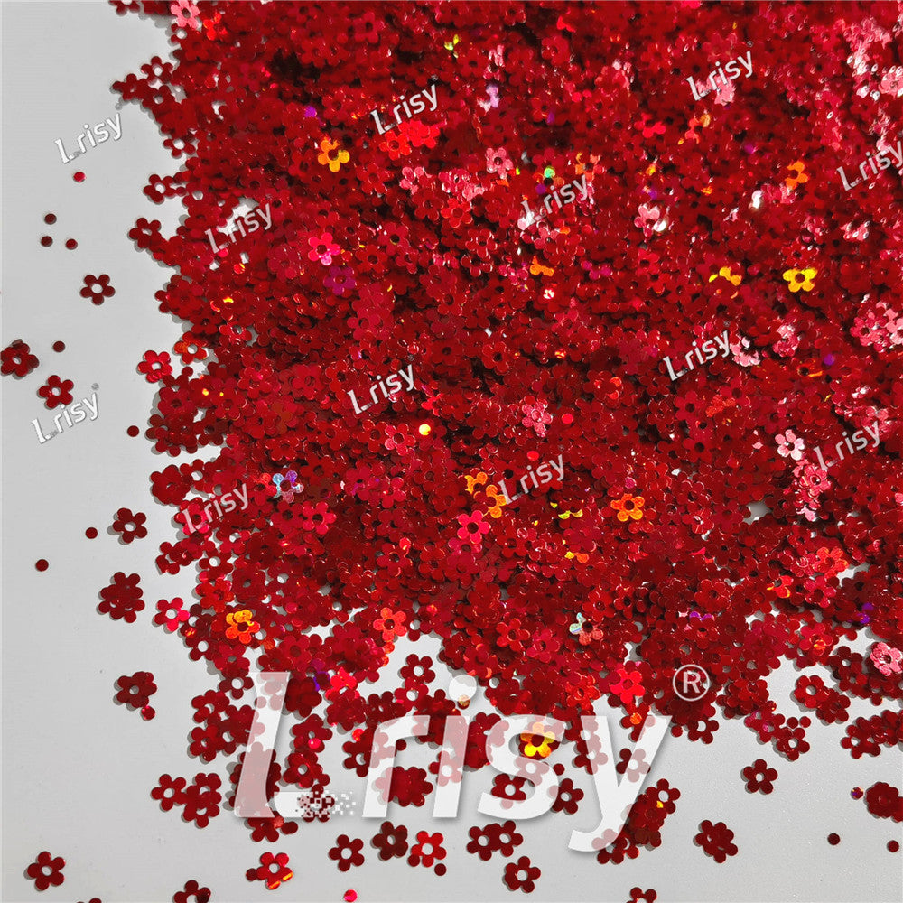 4mm Hollow Out Plum Flower Shaped Holographic Red Glitter LB0300
