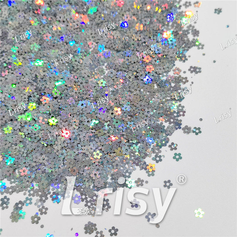 4mm Hollow Out Plum Flower Shaped Holographic Silver Glitter LB0100