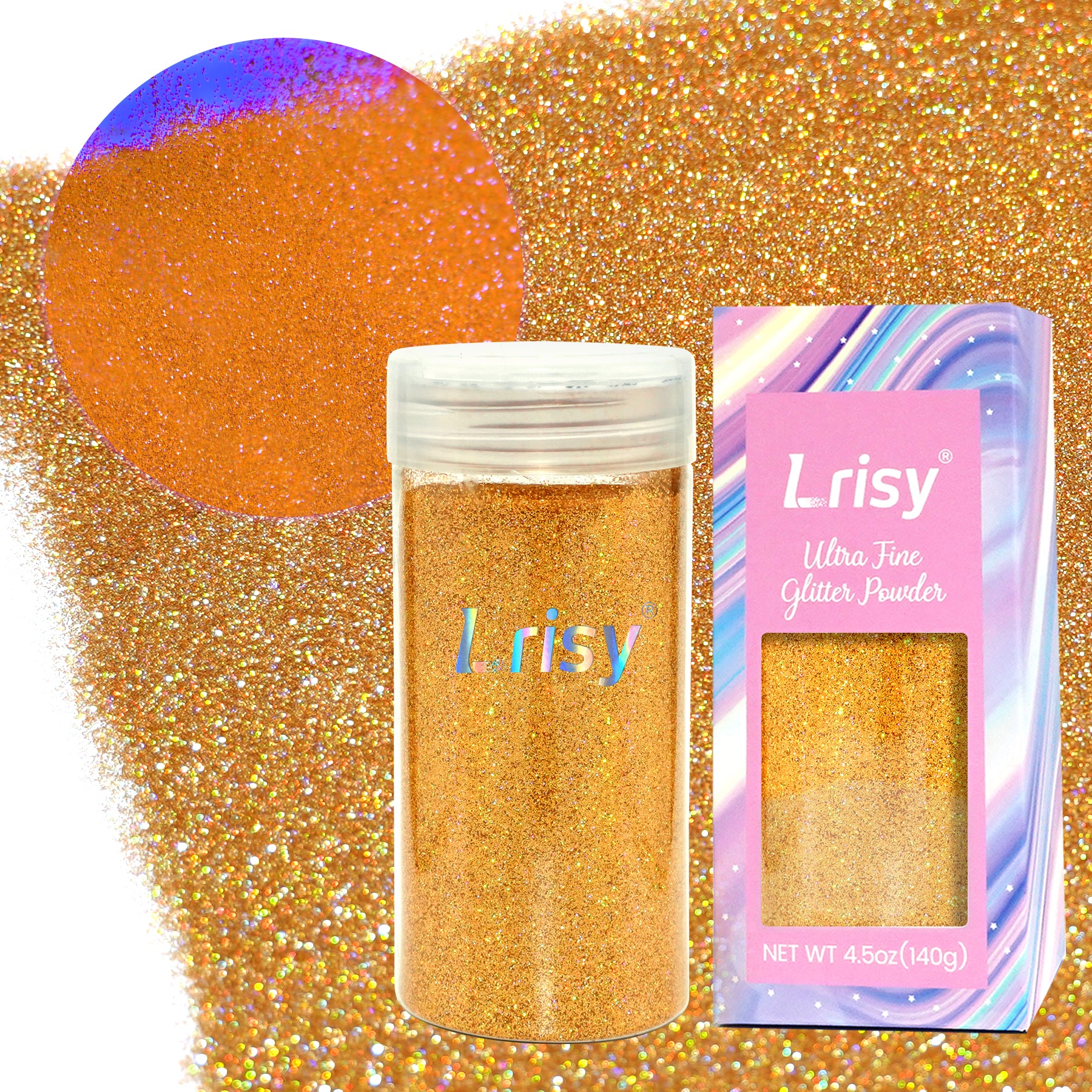 Lrisy Holographic Extra Fine Neon Punk Glitter Powder with Shaker Lid 140g/4.5oz (Holographic Gold)