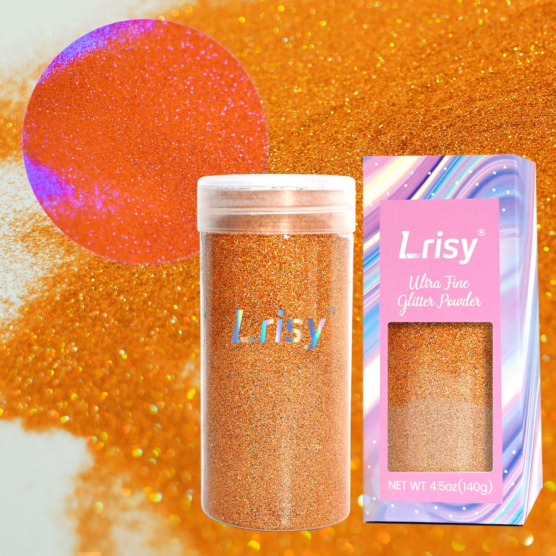 Lrisy Holographic Extra Fine Neon Punk Glitter Powder with Shaker Lid 140g/4.5oz (Holographic Orange)